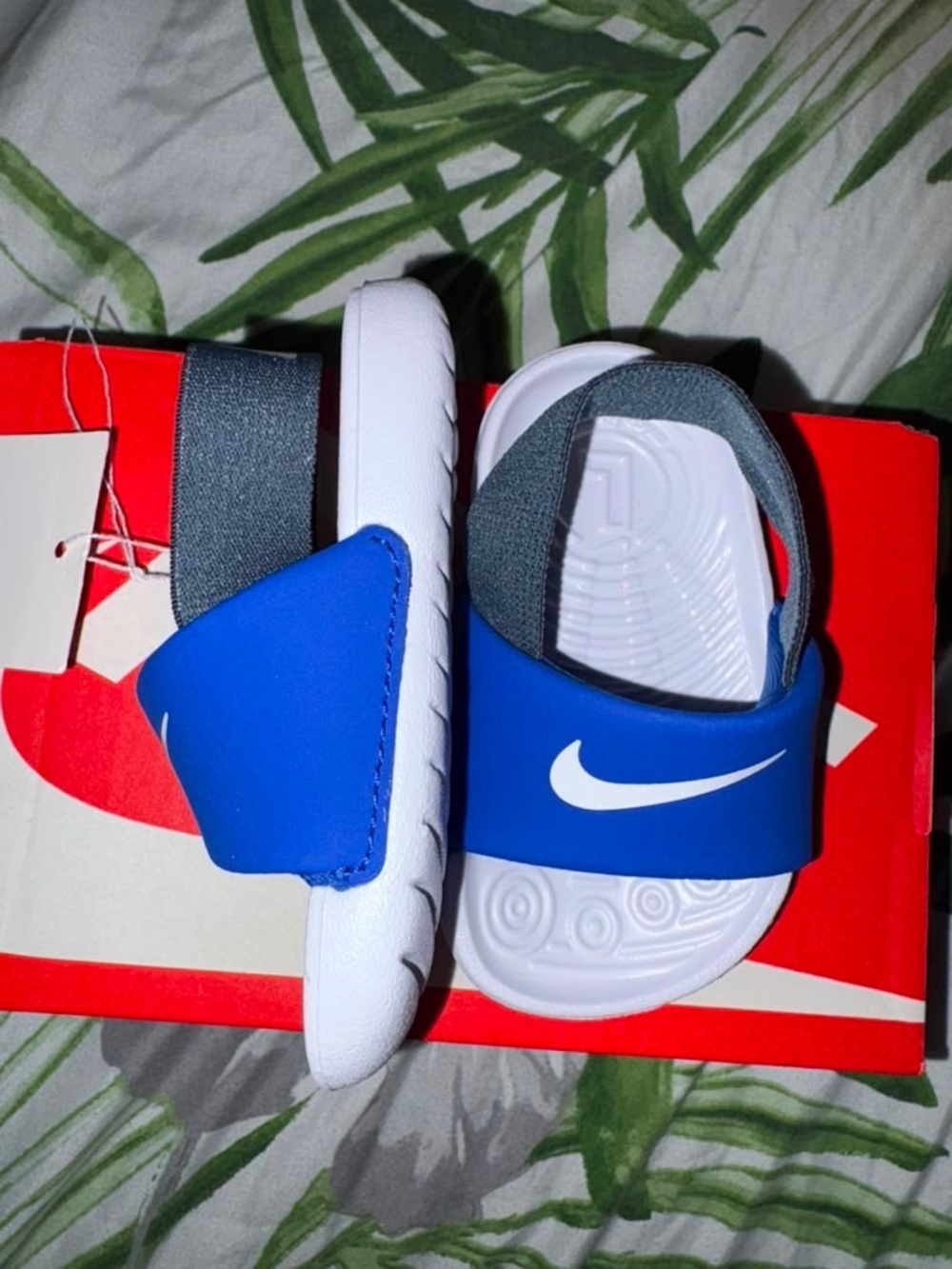 Nike Blue & White Slide Sandals with Gray Heel Strap